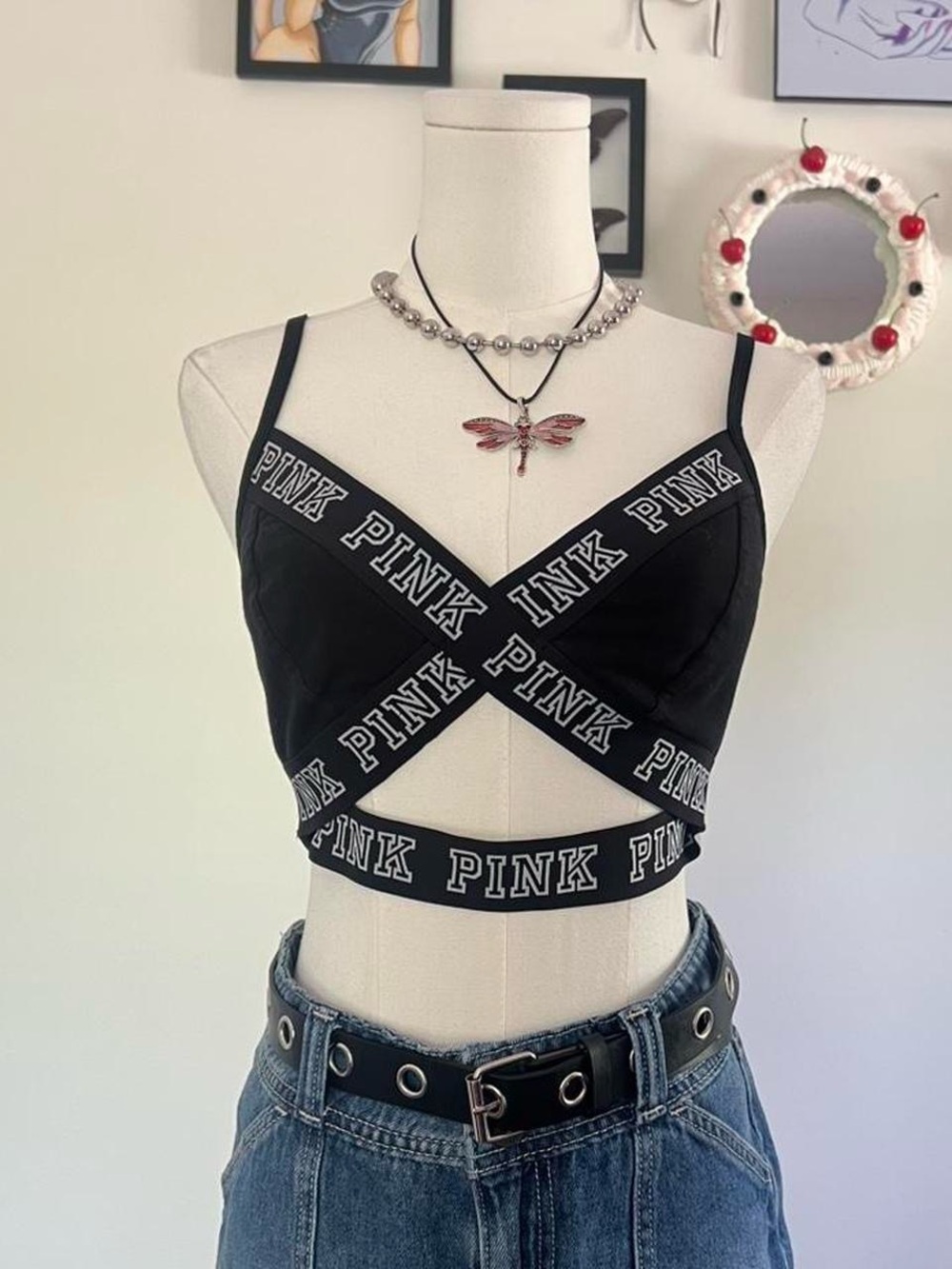 PINK Victoria's Secret Black Branded Crisscross Logo Bra Top